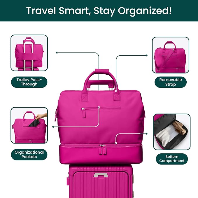 Nobl Travel Weekender Bag for Women & Men, Large Carry-On Duffel, Hot Pink | Leather Overnight Tote with Trolley Sleeve, Separate Shoe Compartment & Laptop Pocket for Airplane, Gym & Road Trips - Image 3