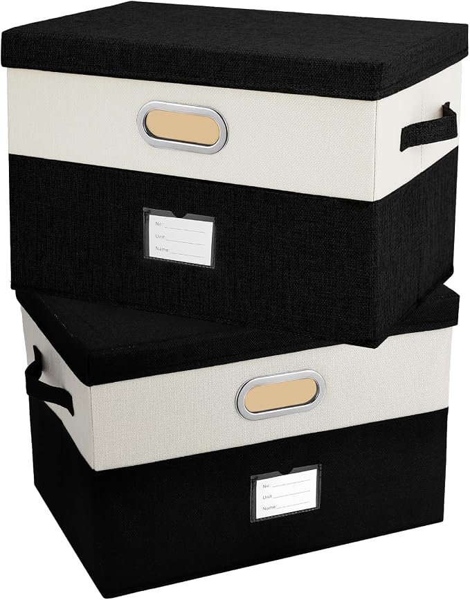 Large Linen Fabric Foldable Storage Bins with Removable Lid and Handles, Washable Storage Box Organizer Containers Baskets Cube with Cover for Bedroom,Office(Black&Cream, Large(2-Pack)) by Unknown