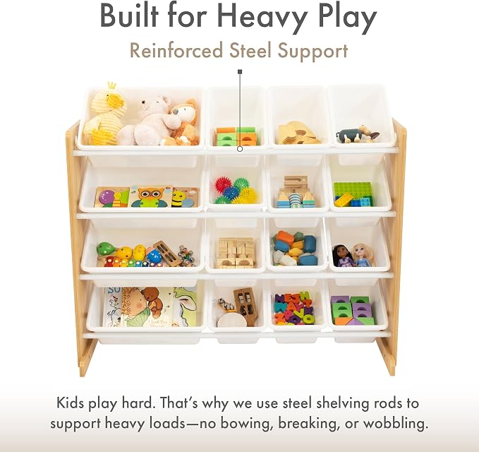 Humble Crew Kids Toy Organizer with 16 Bins, 4 Tier Storage for Playroom | Sturdy wood and steel toddler shelf, removable BPA-free containers, wall anchor anti-tip safety kit for bedroom or classroom - Image 4