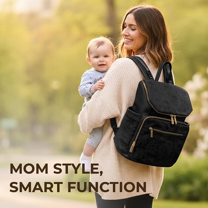 miss fong Leather Diaper Bag Backpack Suede Baby Backpack with Changing Pad | 14Pockets Convertible Mommy Diaper Backpack for Mom Waterproof Wet Pocket,Insulated Pockets,Stroller Straps Luggage Sleeve - Image 4