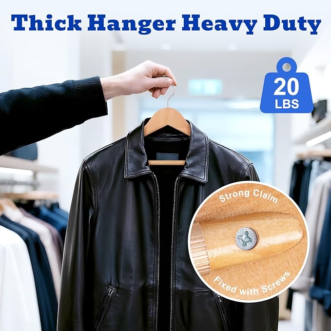 HOUSE DAY Wide Shoulder Wooden Hangers 12 Pack, Wood Suit Hangers for Men with Non Slip Pants Bar, Smooth Finish Solid Wood Coat Hanger for Jacket, Pants, Dress, Heavy Clothes Hangers (Natural) - Image 5