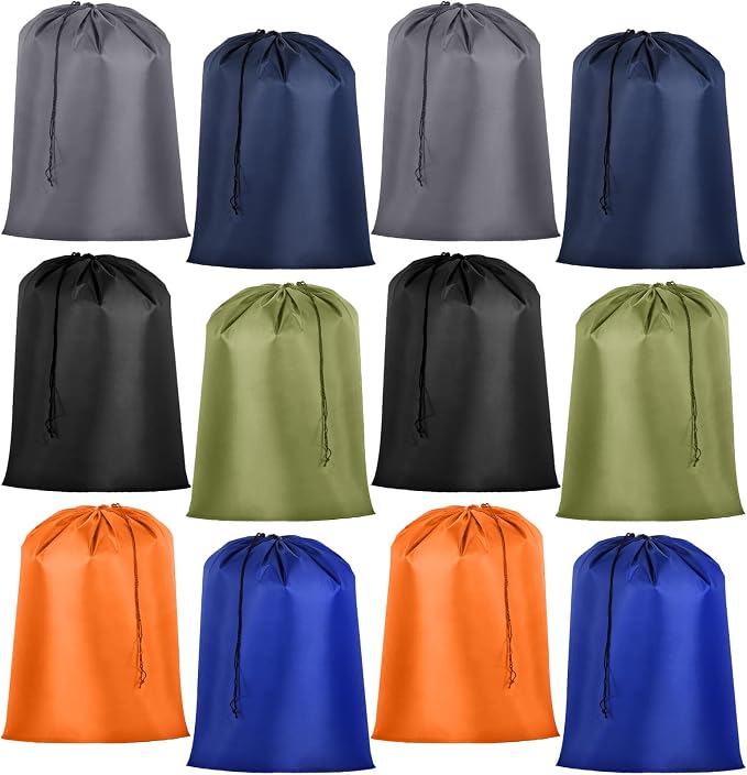 Woanger 12 Pack 28 x 45 Inch Extra Large Laundry Bags Bulk, Colorful | Washable Polyester, Drawstring Closure, For Clothes and Bedding, Foldable for College Dorms, Hotels, Camping and Travel by Woanger