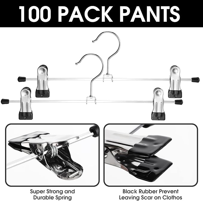 Weysat 50 Pack Pant Hangers with Clips Metal Skirt Pants Hangers Bulk | Adjustable Hangers for Space Saving, Heavy Duty for Clothes, Jeans, Closet Organizer, Silver and Black - Image 4