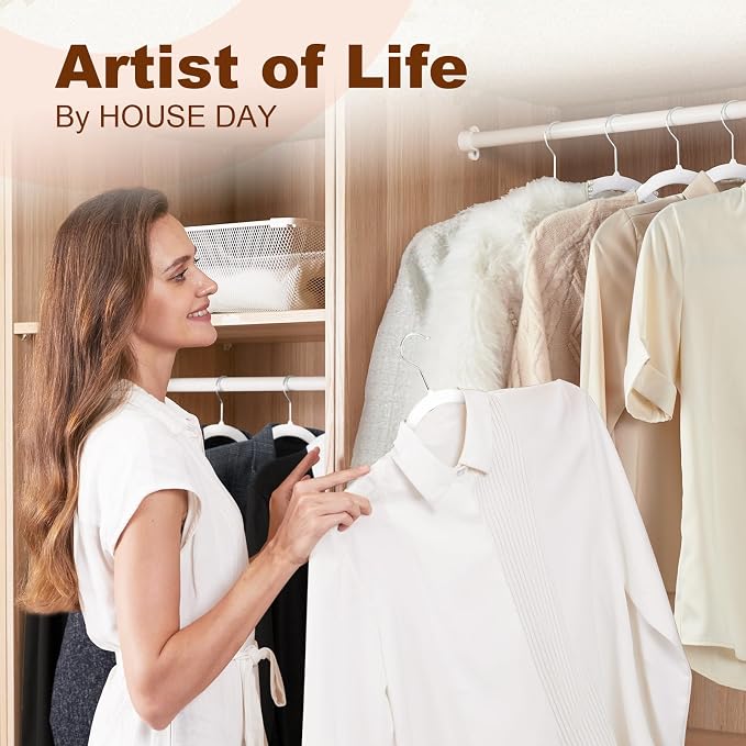 HOUSE DAY Non Slip Plastic Clothes Hangers 50 Pack with Rubber Pads, White | Space-Saving 0.2-Inch Slim Design; Heavy-Duty and 360° Swivel Hooks Keep Shirts, Coats, Suit, Blouse and Pants Organized - Image 7
