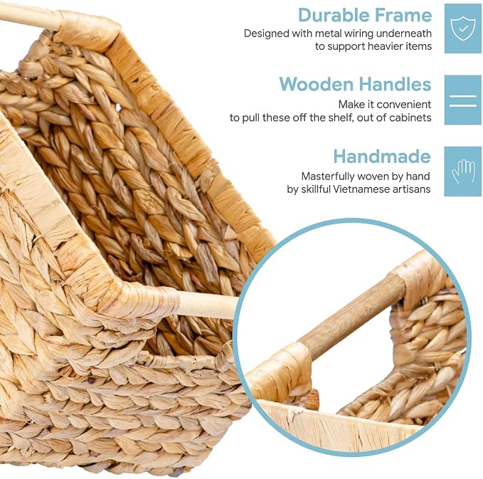 Natural Water Hyacinth storage basket with Handle, Rectangular Organizing Basket for Organizing, Decorative Wicker Storage Bins for Living Room, Medium Wicker Baskets - 3 Pack Medium - Image 3