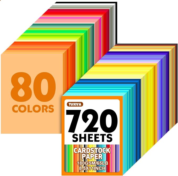 TUXIYA 720 Sheets 8.5" X 11" Colored Cardstock, 80 Colors Card Stock | 180GSM/65LB 80 Assorted Colors Construction Paper Printer Paper for Printing, Card Making, DIY Crafts, School Supplies,Party by Unknown