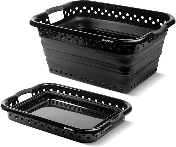 CleverMade Collapsible Plastic Laundry Basket, 39L Laundry Hamper, Black | Save Space in Small Laundry Rooms | Rigid Walls Hold 45 lb, Molded Handles Ease Carrying, and Flexible Panels Fold Flat by CleverMade