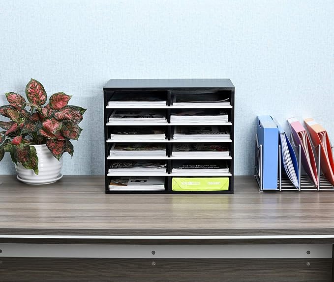 EasyPAG 12 Compartments Wooden Literature Organizer with Adjustable Shelves, 6000 Sheets Capacity Paper Organizer, Classroom Mailbox and Mail Sorter for Teachers and Office, Black/White - Image 5