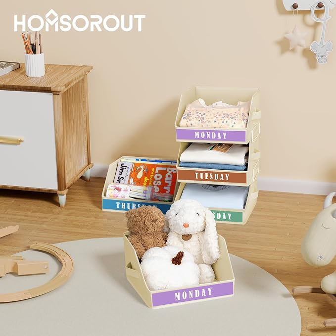 Closet Organizers and Storage - 5 Tier Shelf Organizer with Weekly Labels, Stackable Storage Bins with Metal Frame, Foldable Cube Bins, Home Baskets for Kids and Adults, Beige - Image 8