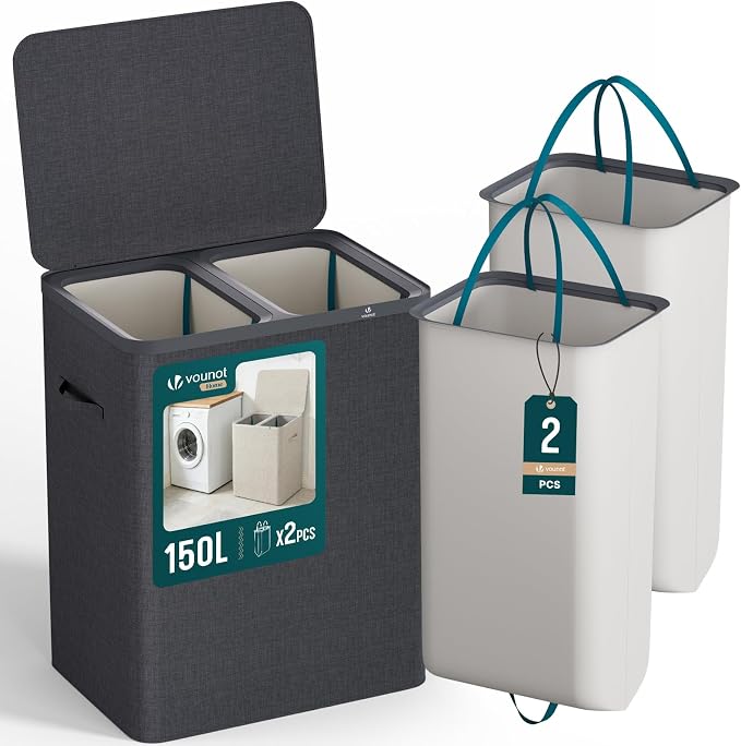 VOUNOT® 150L Laundry Basket with Lid, Rectangular 2 Compartment Laundry Hamper with Removable Bags & Handles, Foldable Laundry Bin for Bedroom, Bathroom, Utility Room, Anthracite by VOUNOT