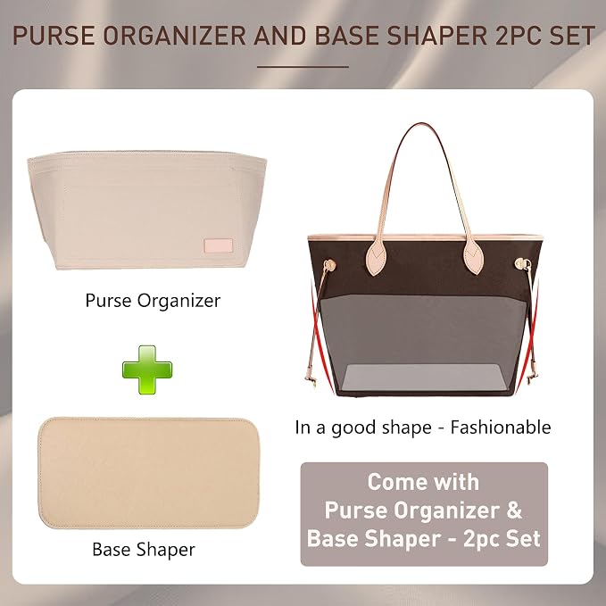 Purse Organizer Insert for Handbags & Base Shaper 2pc Set, Felt Neverfull GM Organizer Insert, Tote Bag Organizer with Zipper Pocket and Bottle Holder, Fit Neverfull GM and More, Beige-XL - Image 3