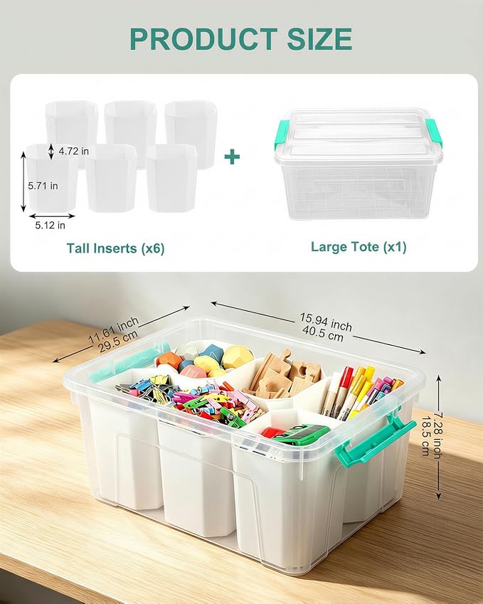 EOENVIVS Clear Storage Boxes with 6 Tall Inserts, Large Plastic Organizer Box with Lid and Handles, 15.94x11.61x7.28 Inches, Multi-Functional Container for Cosmetics, Toys, School Supplies - Image 2