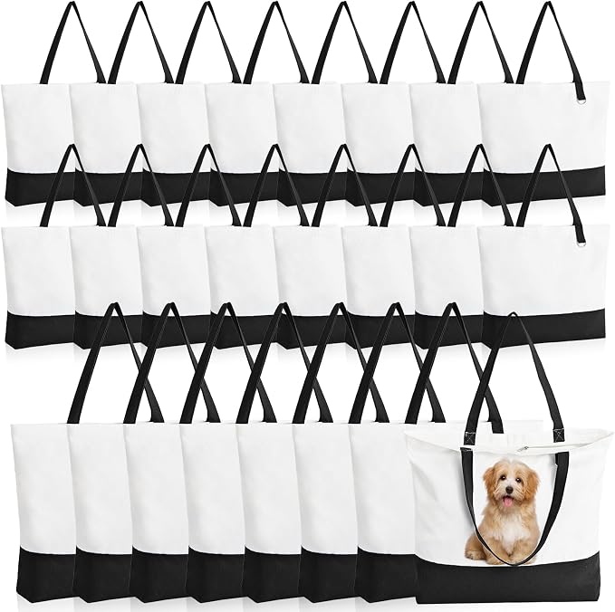 24-Pack Canvas Tote Bags with Zipper, Large Reusable Grocery Tote Bluk | Blank bags, washable, inner pocket, flat bottom, sturdy handle, for sublimation DIY/transfer, travel/beach/Christmas crafts by HWJH