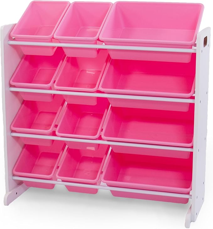 Humble Crew Kids Toy Organizer with 12 Bins, 4 Tier Storage for Playroom | Sturdy wood and steel toddler shelf, removable BPA-free containers, wall anchor anti-tip safety kit for bedroom or classroom by HumbleCrew