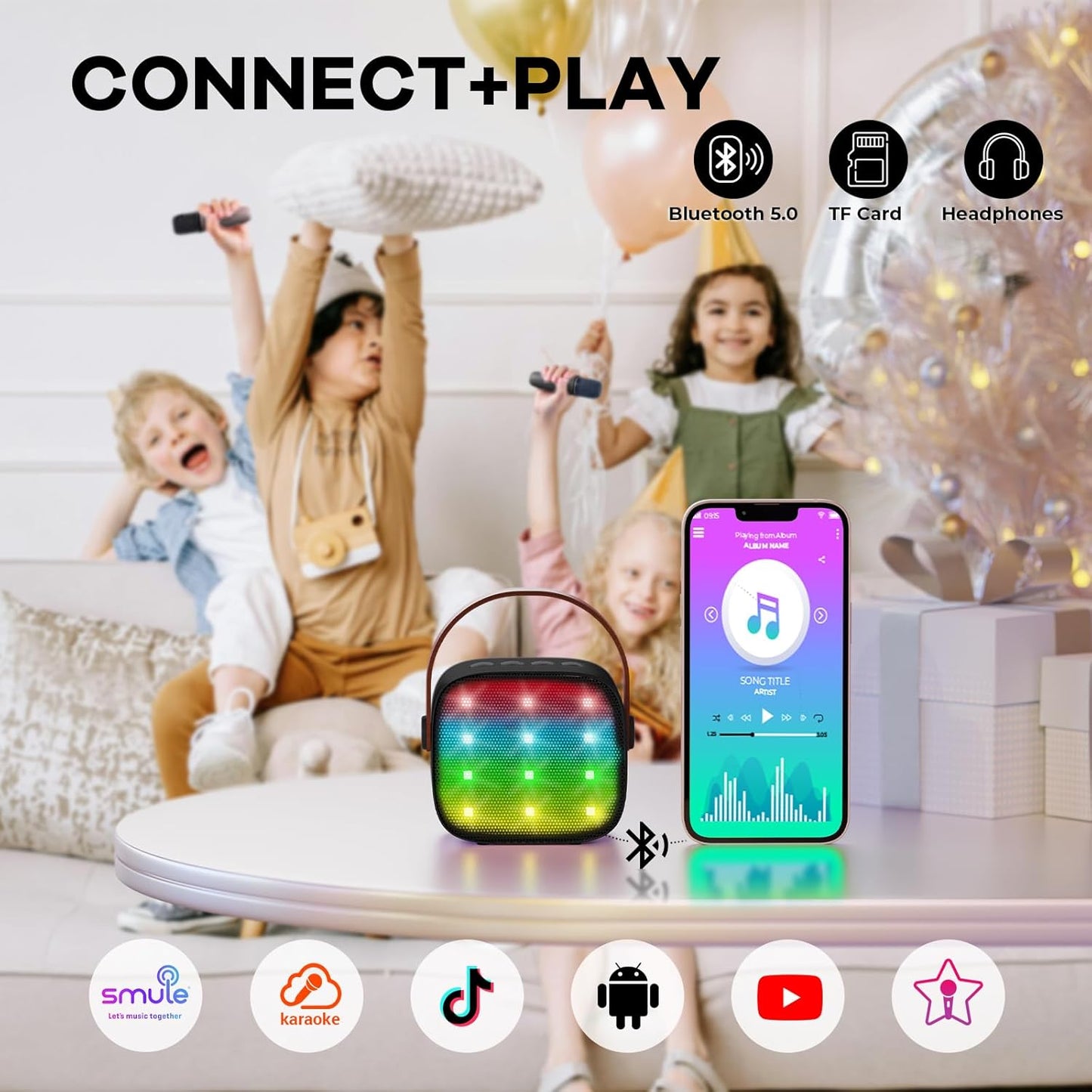 YLL Mini Karaoke Machine with 2 Wireless Microphones for Kids Adults, Portable Bluetooth Speaker, Popular Gift for 3, 4, 5, 6, 7, 8, 9, 10, 11, 12, 13+ Years Old Teens Birthday for Boys Home(Black)