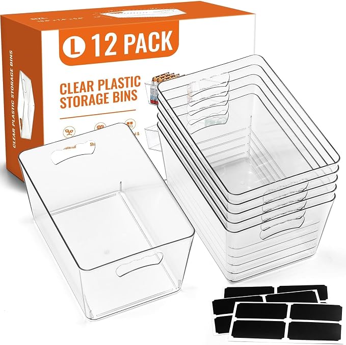 12 PACK LARGE Clear Storage Bins with Handles & Labels, Multiuse Plastic Pantry Organizer Bins for Home Kitchen, Fridge, Freezer, Cabinet, Closet, Bathroom, Shelf, Laundry, RV, Under Sink Organization - Image 9