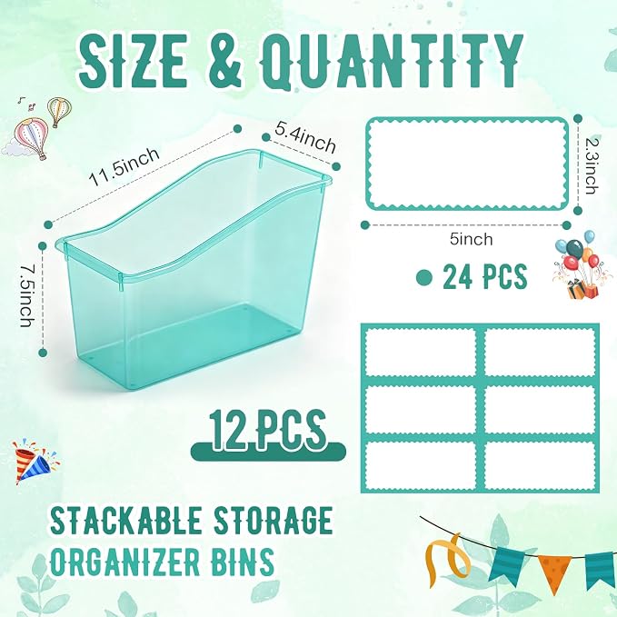 Geetery 12 Pcs Book Bin for Classroom with Labels Stackable Plastic Organizing Bins 11.5 x 5.4 x 7.5 in Book Holders Storage Bins Box Baskets for Classroom Library Home (Blue-Green) - Image 2