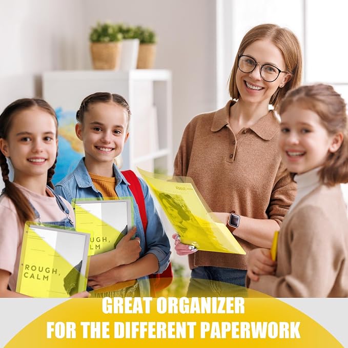 Seajan 48 Pcs Binder Pocket Folders, Clear 3 Ring Binder, Yellow | Plastic Folders Sleeves with 2 Pockets, Poly Slash File Jackets, 3 Hole Punched Dividers for School, Office, Documents - Image 6