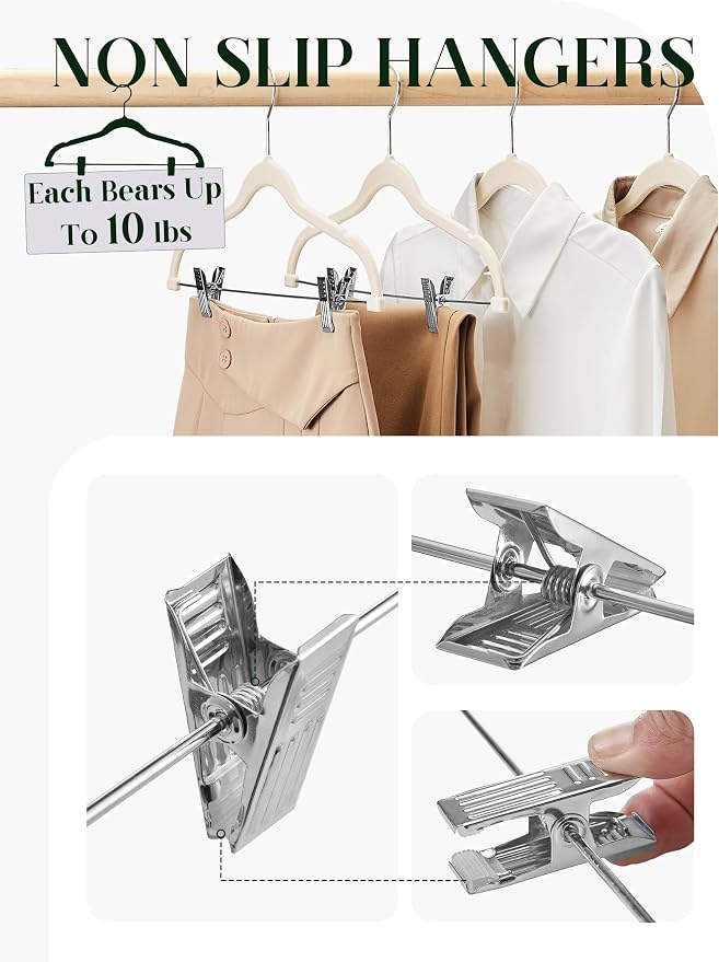 Cozymood Velvet Skirt Hangers - Pack of 24 - Velvet Hangers with Clips | Ultra Thin Non Slip Velvet Pants Hangers Space Saving Clothes Hanger for Trouser, Skirts, Jeans, Dress (Beige) - Image 6