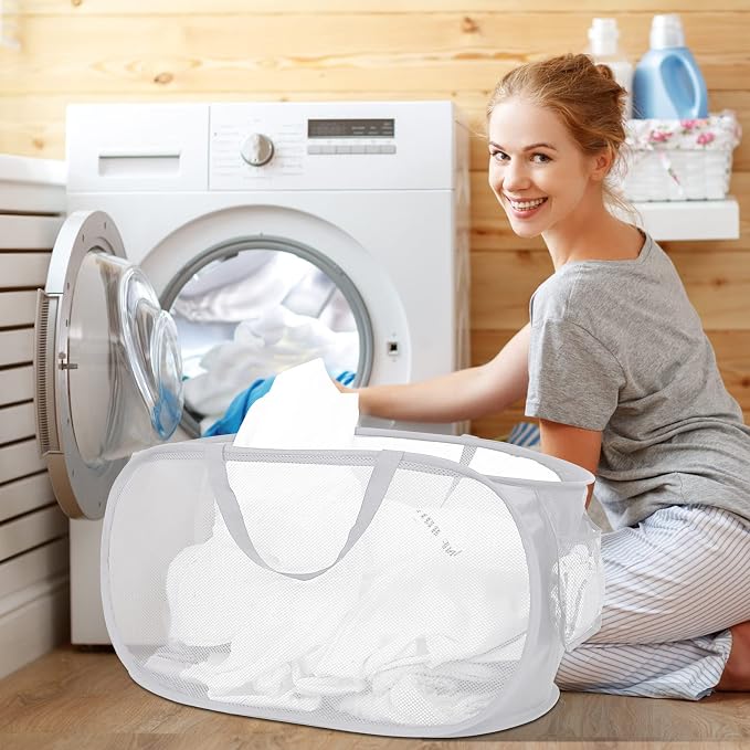 4 Pack Collapsible Laundry Baskets, Foldable Laundry Basket with Pocket, Durable Pop Up Hampers, Reinforced Handles Dirty Clothes Hamper for Laundry, Bedroom, Bathroom, Dorm, Travel or Camping White - Image 3