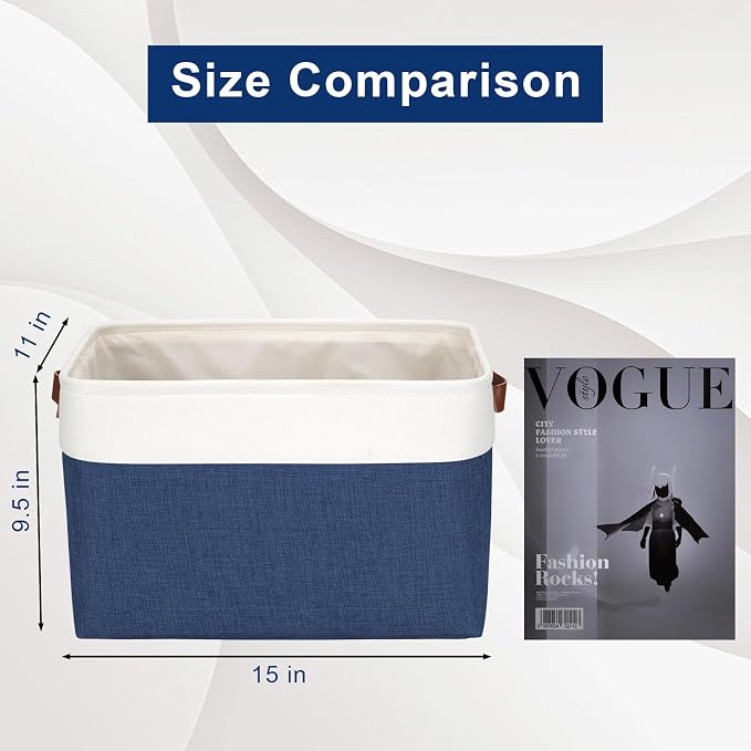 Storage Bins Large Fabric Storage Baskets for Shelves 3 Pack, Decorative Linen Closet Baskets with Handles for Organizing, Shelf, Clothes, Home, Office, 15x11x9.5Inches (NavyBlue&White) - Image 3