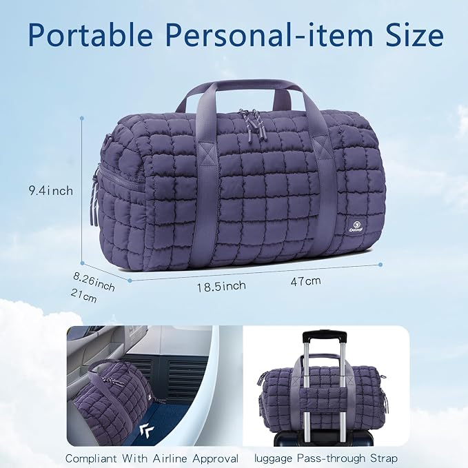 Quilted Gym Bag for Women,Duffle Bag for Travel with Wet Pocket,Carry on Weekender Bags for Women,Travel Bag with Shoe Compartment(Purple) - Image 2