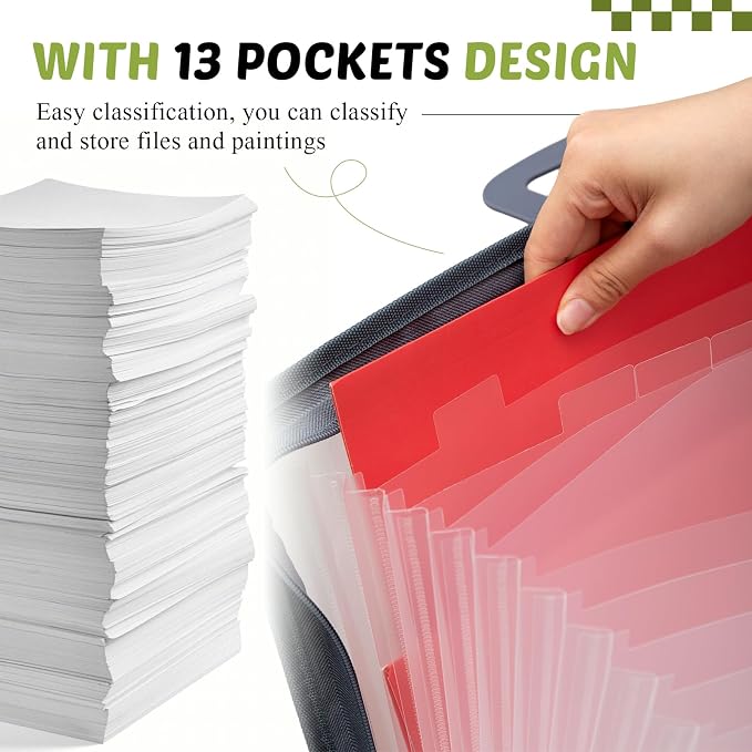 Dunzoom 2 Pack 11 x 17 Art Portfolios, Expanding File Organizer with 13 Pocket for Artwork, Painting Document Binder with Handle, Zipper and 120 Pcs Sticky Labels, Oxford Cloth Edge (Black and Grey) - Image 4