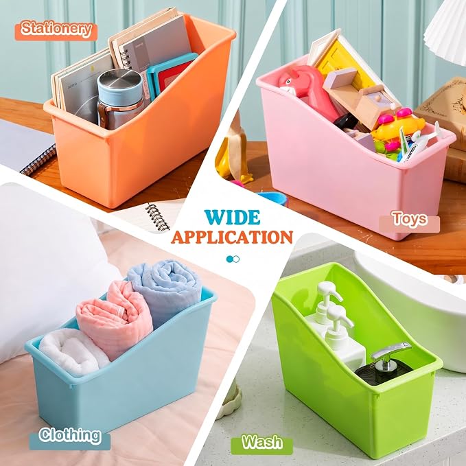 Geetery 6 Pcs Book Bin for Classroom with Labels Stackable Plastic Organizing Bins 11.5 x 5.4 x 7.5 in Book Holders Storage Bins Box Baskets for Classroom Library Home (Pastel Color) - Image 5