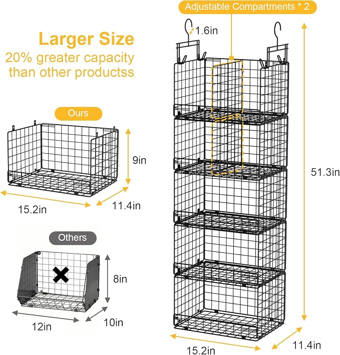 VyGrow 5 Tier Hanging Closet Organizer with Adjustable Dividers, Heavy-Duty Storage Shelves for Clothing, Kitchen, Laundry Room, Extra Large Baskets, 15.7" W x 11.8" D x 51" H, Black - Image 3