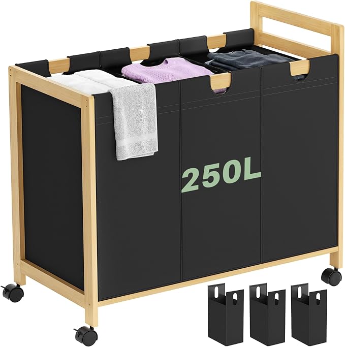 250L Laundry Sorter Cart with Wheels, 3-Section Rolling Laundry Basket with Removable Bags, 66 Gal Large Laundry Hamper Organizer, Heavy Duty Bamboo Frame, Water-Resistant, Black by Homykic