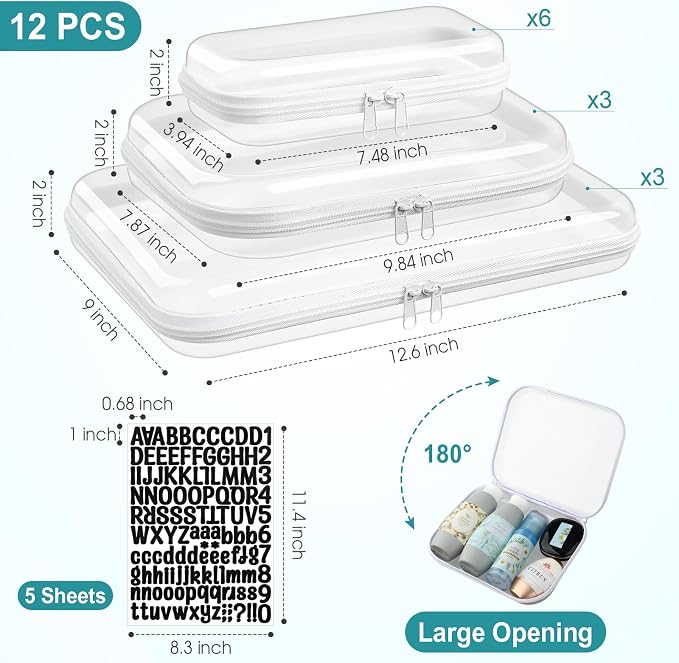 12 Pcs Clear Hard Zipper Case Back to School,3 Sizes | Plastic Zipper Pouch with 5 Sheets Alphabet Stickers Toy Storage Organizer Makeup Case for Travel Building Blocks Puzzles - Image 2