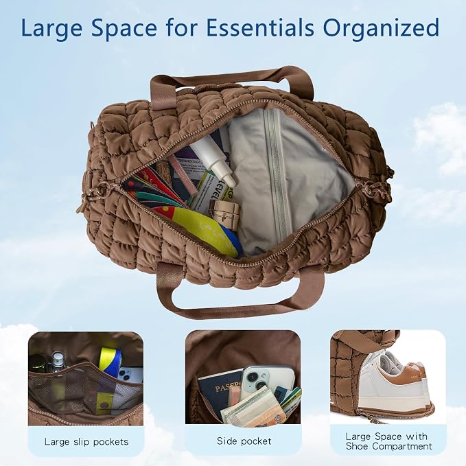 Quilted Gym Bag for Women,Duffle Bag for Travel with Wet Pocket,Carry on Weekender Bags for Women,Travel Bag with Shoe Compartment(Brown) - Image 2