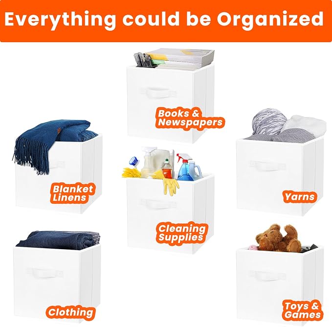Storage Cubes, 11 Inch Cube Storage Bins for Shelves Closet Nursery Bedroom - 10 Pack Collapsible Baskets with Handles - Fabric Bins for Organizing Magazines Clothes Blanket Toys (White) - Image 4