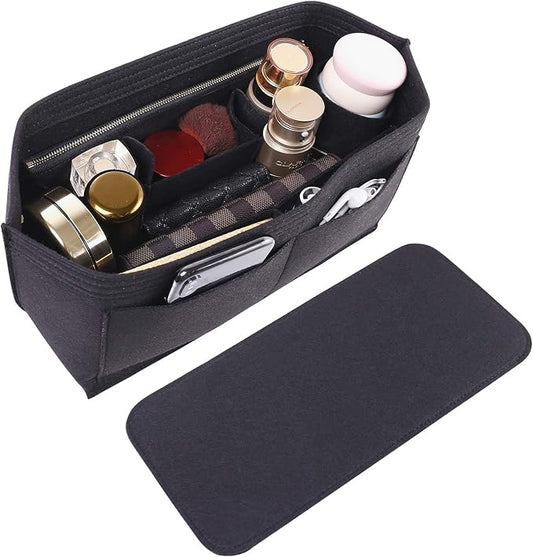 Purse Organizer Insert for Handbags & Base Shaper 2pc Set, Felt Neverfull GM Organizer Insert, Tote Bag Organizer with Zipper Pocket and Bottle Holder, Fit Neverfull GM and More, Black-XL by Doxo