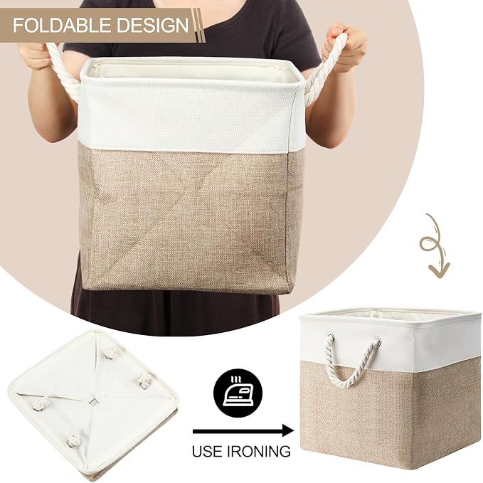 FoldTier 10 Pack Large Collapsible Fabric Storage Baskets with Handles Decorative Storage Bins for Organizing Shelves Toys Clothes(White & Beige,12 x 12 x 12 Inches) - Image 4
