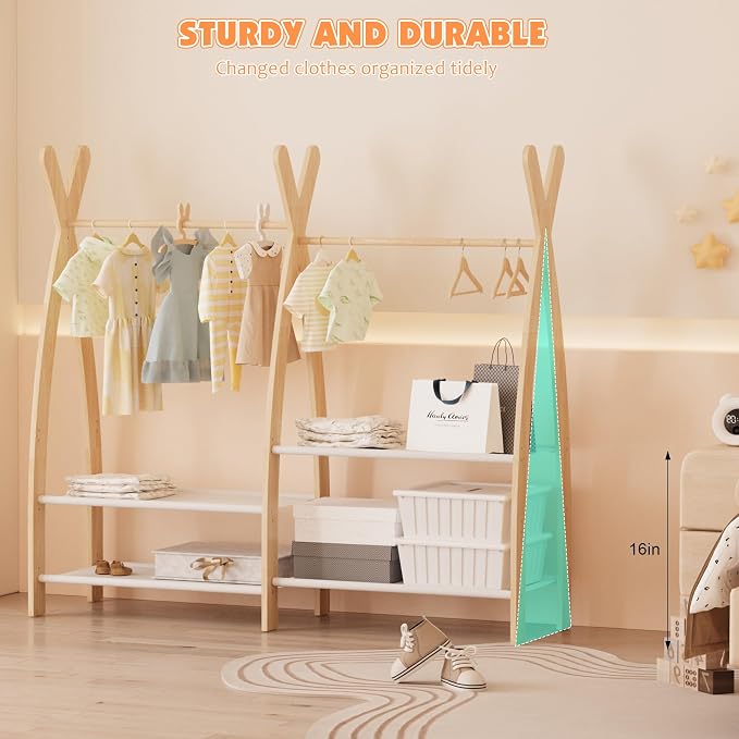 NACHES Small Kid Clothing Rack Wood Montessori Garment Rack for Toddler Baby Wardrobe Closet Compact Dress Up Storage Organizer Hanging Rod with Basket for Costume Princess Skirt Coat Bedroom Nursery - Image 5