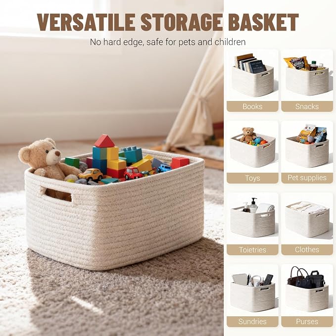 5 Pack Woven Storage Baskets, Decorative Storage Bins for Organizing | 13.8'' × 9.8'' × 7.9'', Soft Cotton Rope Basket Organizer for Closet, Shelves, bathroom, Nursery, Toys, Books, Pantry, White - Image 5