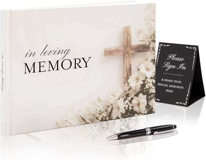 Cross Hardcover Funeral Guest Book - 9.5 x 7 Celebration of Life Guestbook for Memorial Service with 5x7 Paper Sign, Pen, Black Photo Corner Stickers by ModernAlbumDesigns