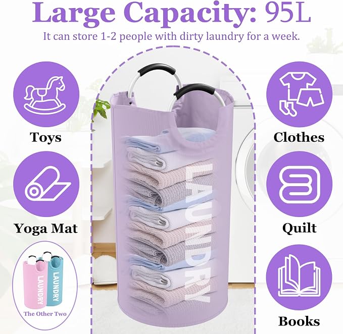 3PCS 95L Collapsible Laundry Basket, Oxford Hamper with Handle for Family | IHOMAGIC Freestanding Dirty Clothes Hamper, Laundry Bin, Storage Basket for Bedroom, Living Room, Pink+Blue+Purple - Image 3