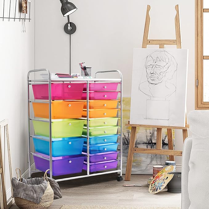 15 Drawer Rolling Storage Cart, Rolling Cart with Drawers for Classroom, Art Supply Craft Organizer on Wheel with Metal Frame & Handles for Home Office School - Image 2