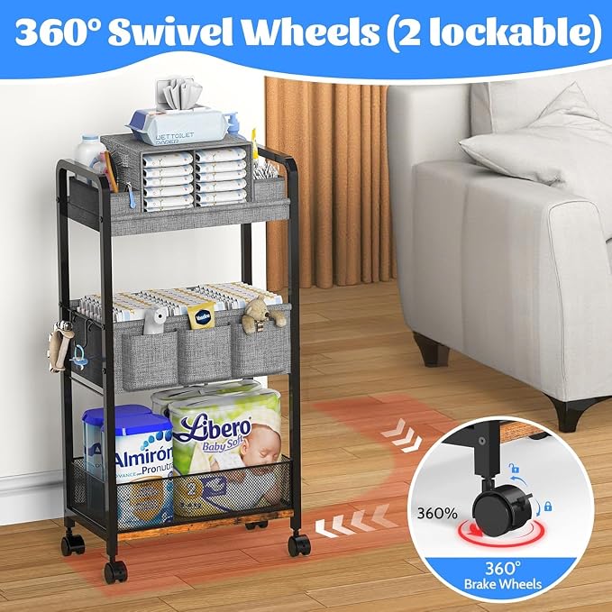2In1 Baby Diaper Caddy & 3-Tier Rolling Diaper Cart, Caddy Organizer Cart with Dividers, Mobile Metal Bedside Carts for Baby Essentials, Rolling Carts for Newborn Nursery with Wheels, Large Capacity - Image 6