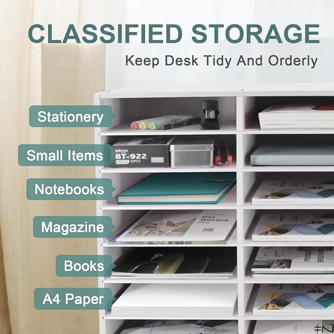 SONGWAY Desk Paper Storage Organizer - Literature Organizer, 27 Compartments Classroom Mailbox with Adjustable Shelves, Desktop File Sorter, Paper and Mail Organizer for Home Office School, White - Image 4