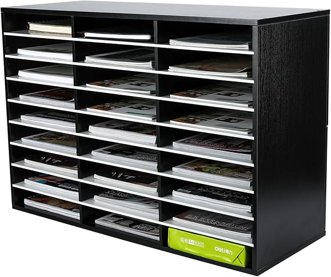 EasyPAG 27 Compartments Wooden Literature Organizer with Adjustable Shelves, 13500 Sheets Capacity Paper Organizer, Classroom Mailbox and Mail Sorter for Teachers and Office, Black/White - Image 2