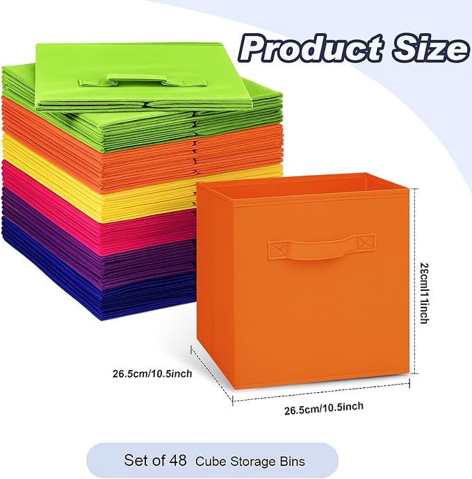Hillban 48 Pcs Storage Cubes 11'' Collapsible Storage Bins Bulk Fabric Cubes Basket with Dual Handles Organizer Cube for Closet Toy Classroom Shelf Room (Solid Style,Colorful) - Image 3