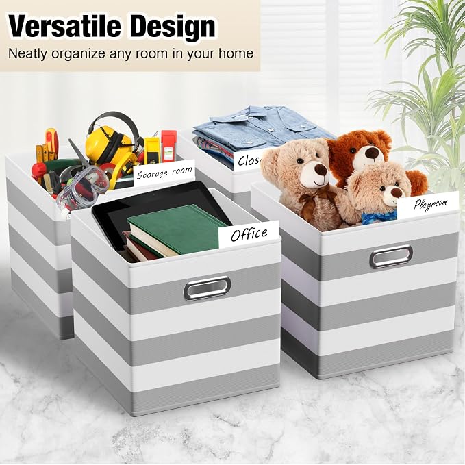 CroBlissful 11 Inch 6 Pack Fabric Storage Cubes with Metal Handles, Back to School Collapsible Organizer Bins for Classroom, Closet, Student Room, Toys and School Supplies (Grey and White) - Image 4