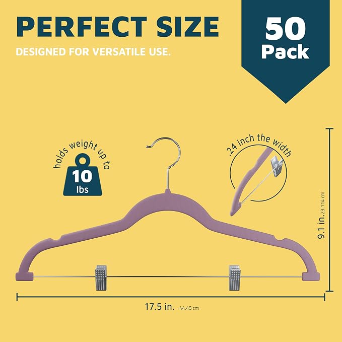 Lifemaster Velvet Skirt Hangers – with Adjustable Clips, 360 Degree Swivel Hook, and Non-Slip Shoulder Notch, Holds Up to 10 lbs, for Organizing Skirt, Pants, Dress, and Clothes, Pack of 50, Purple - Image 2