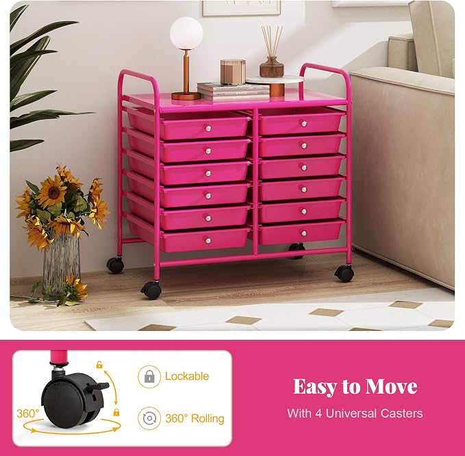 RELAX4LIFE 12-Drawer Rolling Storage Cart - Mobile Utility Cart on Wheels for School Classroom Teacher Office Salon, Paper File Art Supply Craft Organizer, Rolling Cart with Drawers (Hot Pink) - Image 5