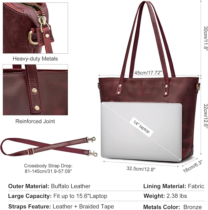 S-ZONE Vintage Genuine Leather Shoulder Bag Work Totes for Women Large | Top Grain Leather, Purse Handbag, Fits Laptop Documents, Luggage Sleeve, Multi Pockets, Work Travel Everyday - Image 4