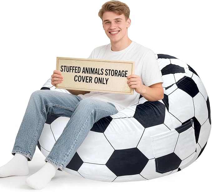 Lukeight Soccer Stuffed Animal Storage Bean Bag Chair Cover for Adults, Velvet Plush Toy Organizer Seat, Cover Only, No Filling Included, Long YKK Zipper, Side Pocket, XXX-Large 42"D x 23"H by Lukeight