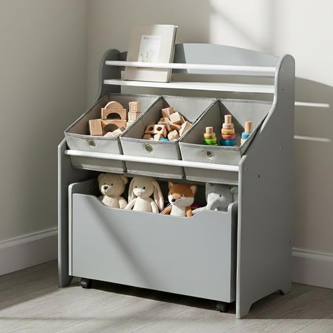 Humble Crew 3 in 1 Kids Bookshelf, Toy Organizer and Rolling Toy Box, Wood | Toddler storage with removable fabric bins and pull out chest on caster wheels, sturdy design for playroom, bedroom, nursery by HumbleCrew
